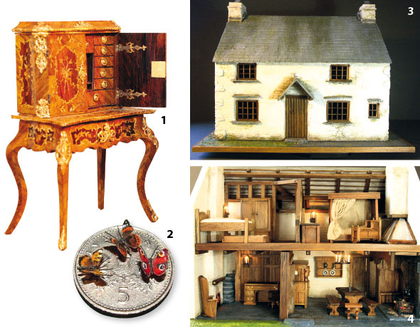 1 A marquetry cabinet 2 A 5p coin shows the scale of the models 3 and 4 Exterior and interior of Crosthwaite Cottage (c.1750), Devon
