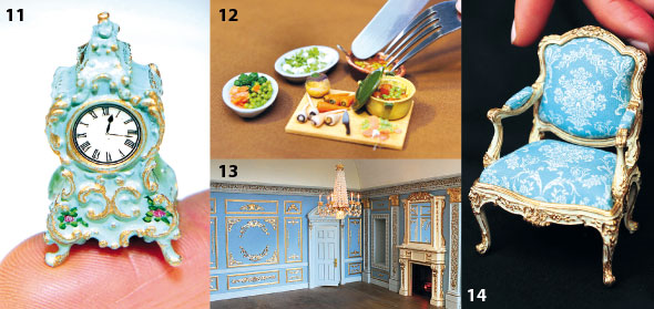 11 An ornate mantle clock 12 Minute meals – a handcrafted casserole with vegetables, a chopping board and knife 13 An opulent Louis XIV-style room with gilt detail 14 A Louis XV-style gilt carver chair