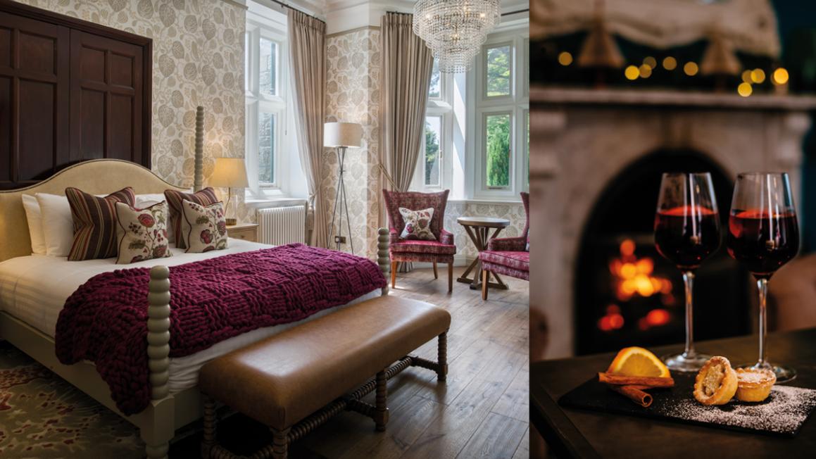 the-alverton-bedroom and fireplace with red wine